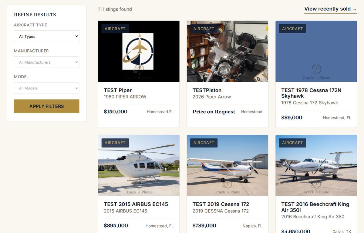 Browse page with the Refine Results filters and aircraft cards