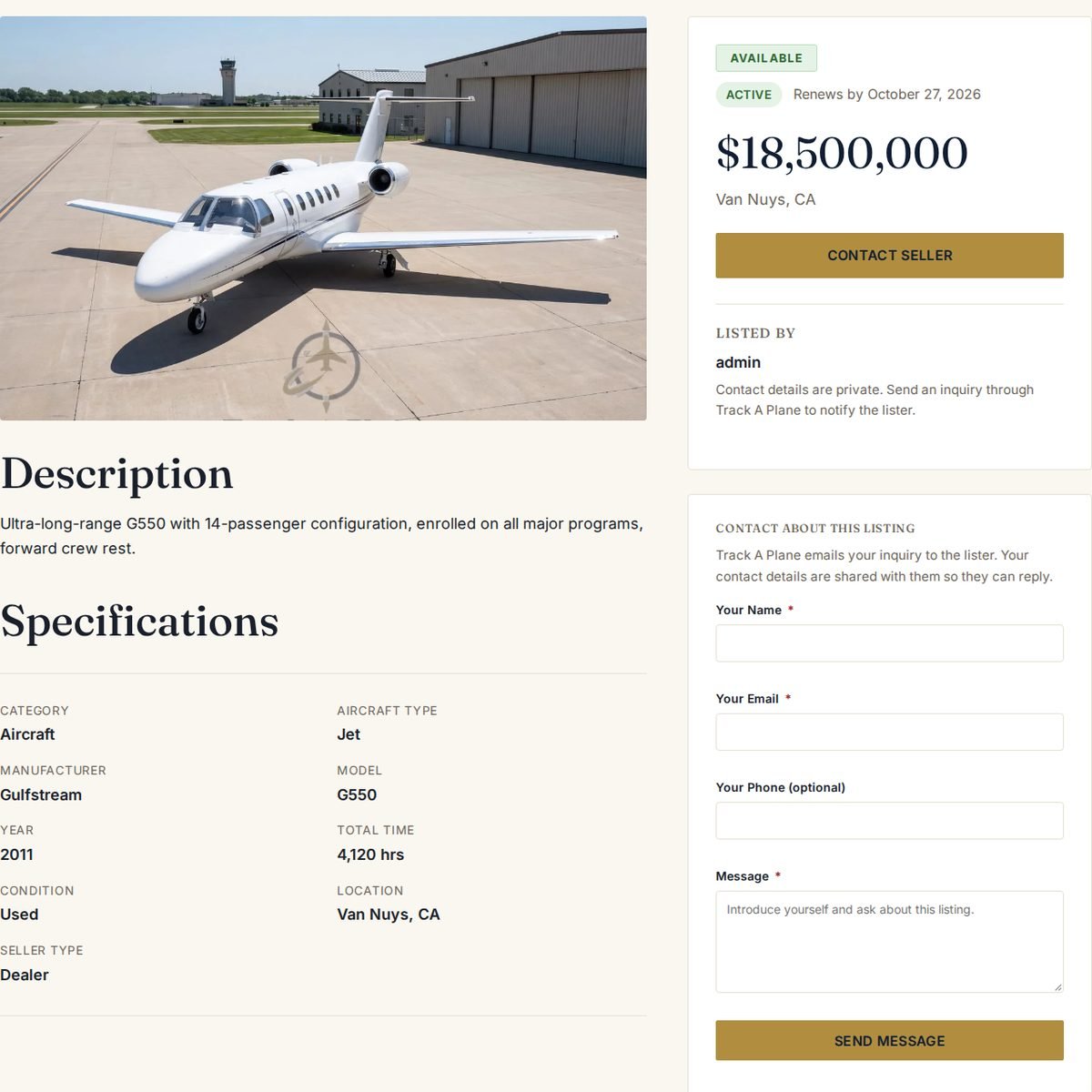 Aircraft listing page with price, sale badges and contact form