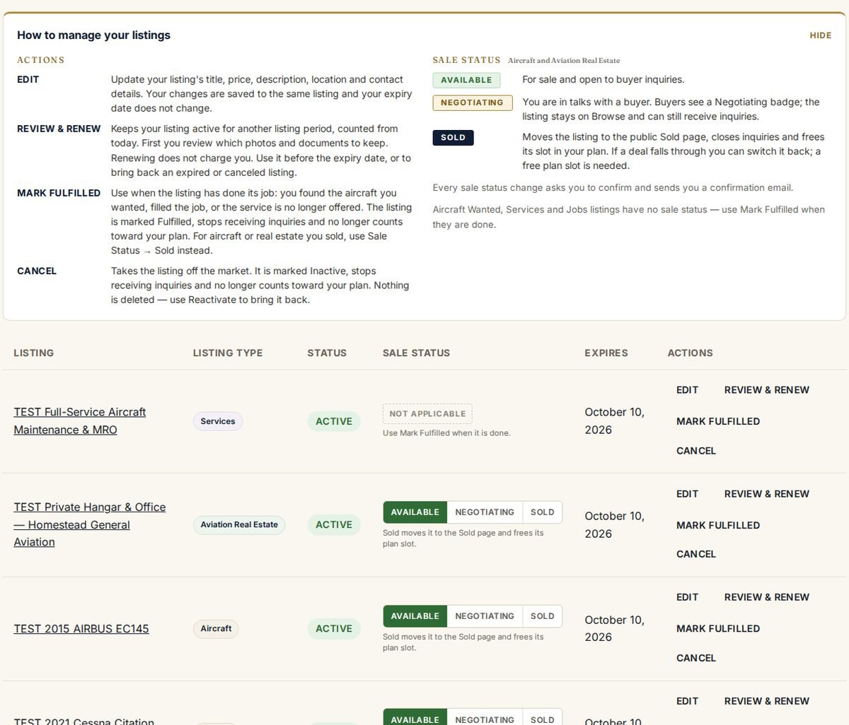 My Listings with the guide, listing type and actions