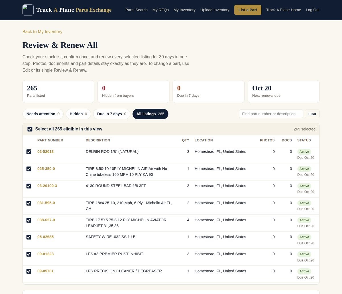 Parts Exchange Review & Renew All page