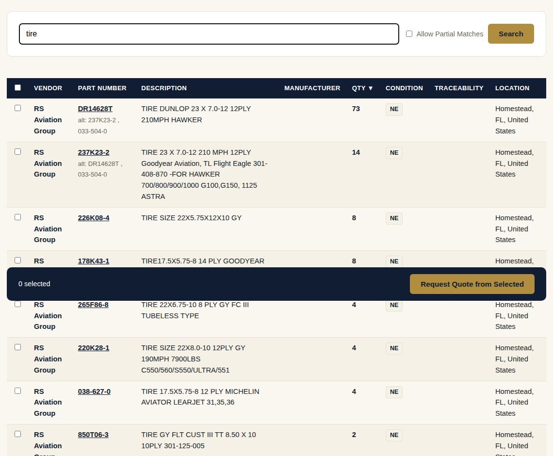 Parts Exchange search results with parts selected for a quote