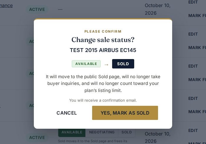 Sale status confirmation popup