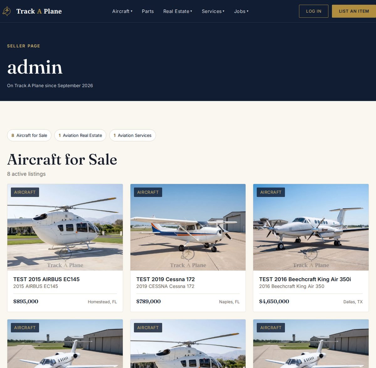 A public Seller Page with all active listings